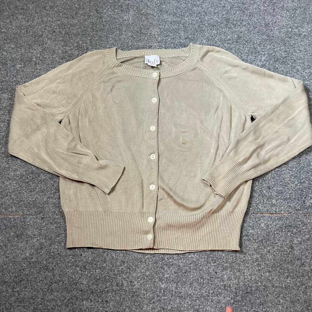 Ann Taylor Loft Cardigan Medium Tan/Green 100% Silk Ribbed Button Front Sweater